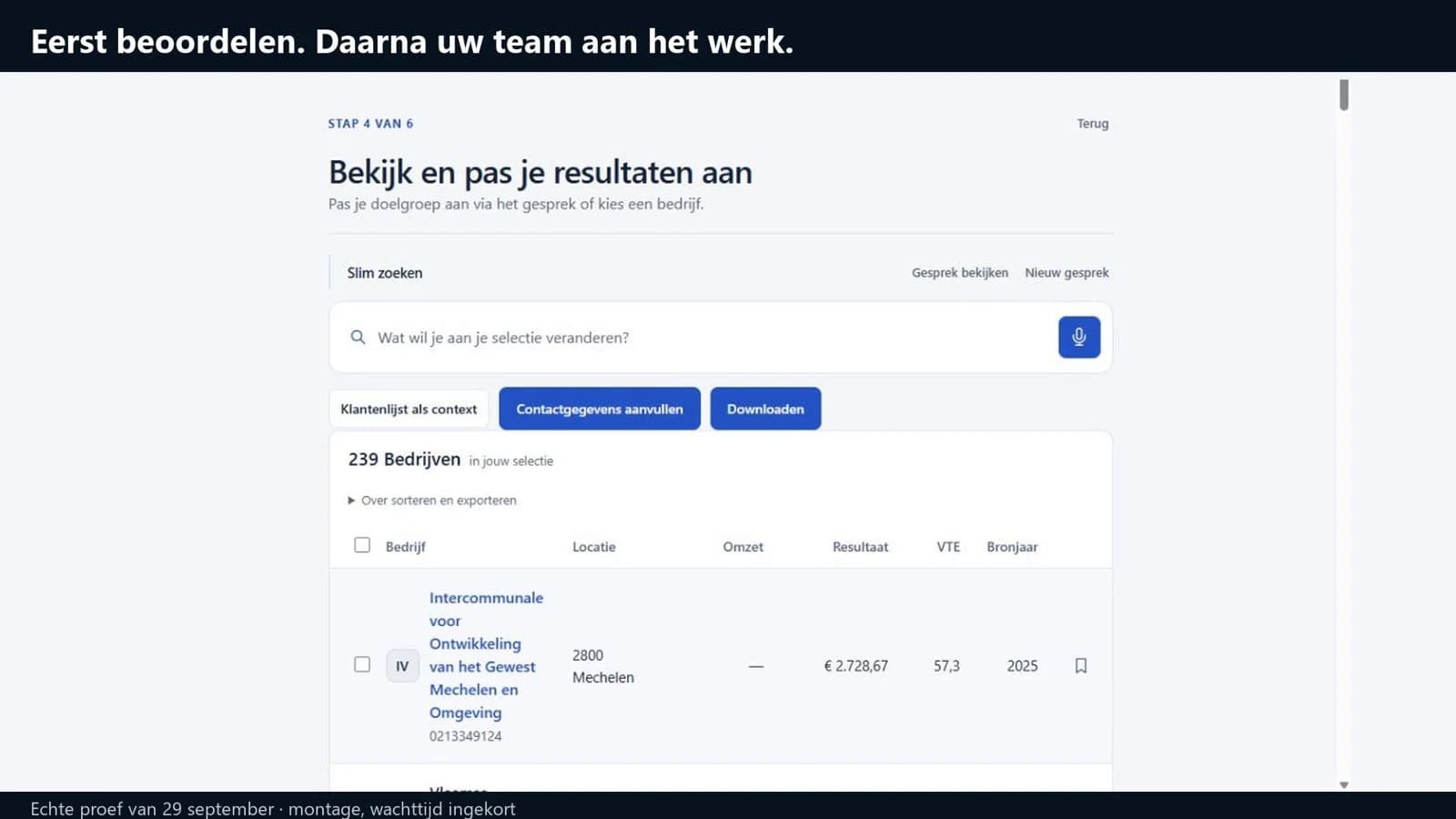 BelgoBase selection screen with search, available company data and a download action.