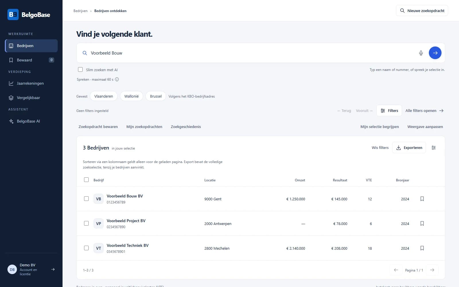 BelgoBase workspace with search, filters, three fictional companies and an export action.